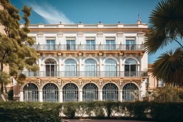 Fototapeta premium Classic Cream-Colored Office Building Nestled in Verdant Surroundings under a Sunny Sky