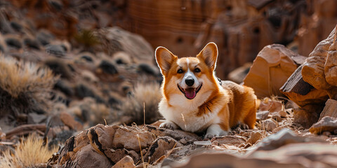 cute corgi dog in the desert, surrounded by rocks and cliffs, generative AI