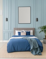 Sky blue or pale pastel tone bedroom with a blue navy bed. Empty painted wall canvas art. Mockup light background interior design rich home or hotel. Accent color trend. 3d rendering