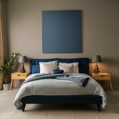 Sky blue or pale pastel tone bedroom with a blue navy bed. Empty painted wall canvas art. Mockup light background interior design rich home or hotel. Accent color trend. 3d rendering