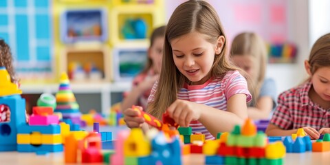 A girl focusing on building with colorful toy blocks in a playful environment