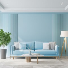 Pastel light color - interior accent. Sky blue of walls and furniture. Modern reception or lounge area of ​​the house. Living room interior mockup design. 3d rendering