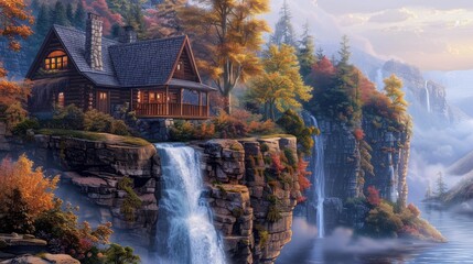 Illustration of a Cozy Cabin Enveloped by Towering Trees and a Cascading Waterfall in the Heart of an Ancient Forest
