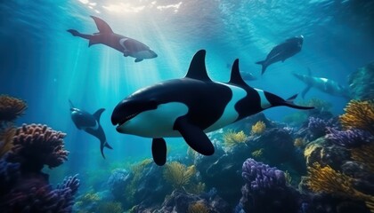 Fototapeta premium The Orcinus Orca in the ocean, portrait of Orca hunting prey in the underwater