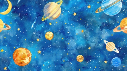 Fototapeta premium A stunning watercolor illustration captures a seamless pattern of hand painted celestial bodies like planets stars the moon meteors and asteroids including Pluto Uranus and Venus set agains