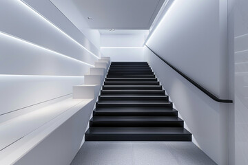 Fototapeta premium Sleek black minimalist staircase in a luxury boutique, contrasted with white walls.