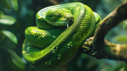 A vibrant green tree snake curled around a branch, its forked tongue flickering out in curiosity