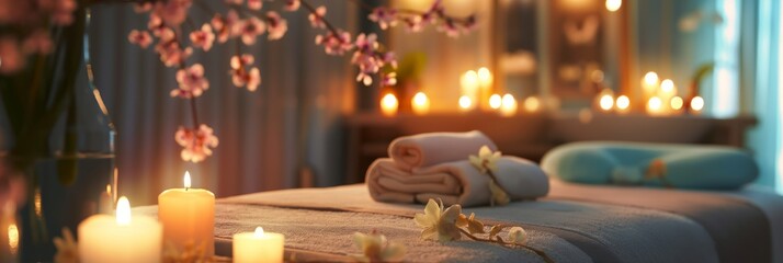 Peaceful spa setting with lit candles, orchids, towels, ready for a massage for relaxation and wellness