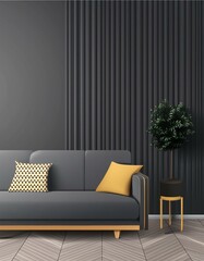 Living room in gray and black colors. Blank empty dark room interior. Design in minimalist style. Graphite modern sofa and herringbone beige accent. 3d rende