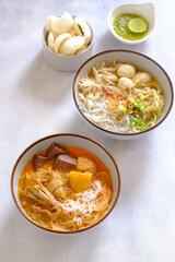 rice vermicelli chicken curry soup and noodle soup, bihun kari ayam dan mie sop