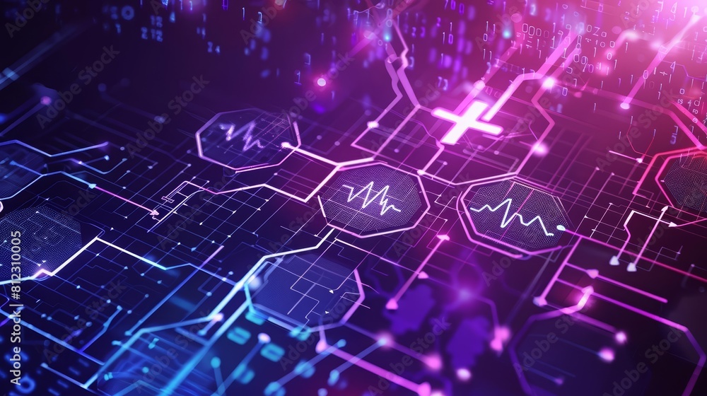 Wall mural technology background of a digital health interface in cyber color, designed as a template backgroun