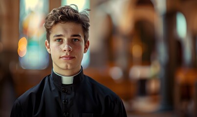 Fototapeta premium portrait of a young local priest dressed in his church with blurred background,, Generative AI