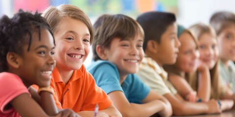 Fototapeta premium Happy diverse children sitting in a classroom setting showing enjoyment in learning environment