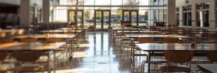 A spacious, deserted cafeteria is illuminated with warm sunlight casting shadows across the tables and floor