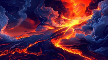 Volcanic Activity Depicted Through Dynamic Volcano Eruption, Molten Lava And Billowing Smoke, Geological Theme