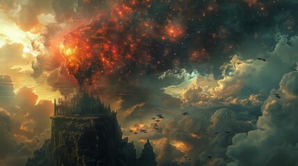 Fototapeta premium The image is a dark fantasy landscape. A castle is being attacked by a dragon. The sky is filled with smoke and fire.