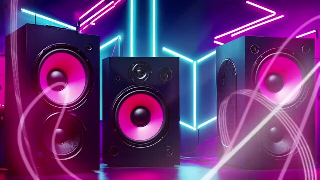 Stereo speakers on vibrant blue background with modern design and dynamic energy