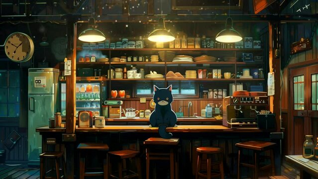Cute cat sitting on cozy cafe table. Lofi chill vibes with adorable kitty. looping time-lapse video animation background