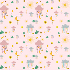 Beautiful seamless watercolor hand painting on pink pastel background pattern. Cute design for fabric, clothing, printing, elements, ornament, texture, decoration, home decor, nursery room, background