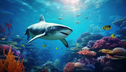 Fototapeta premium The Giant Sharks in the ocean, portrait of Shark hunting prey in the underwater