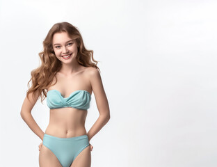Fototapeta premium Portrait of smiling young woman in swimsuit isolated on white background, summer-themed designs, copy space