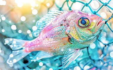 Fototapeta premium A closeup of a fish washed ashore, entangled in a thin plastic wrapper, a victim of beach pollution