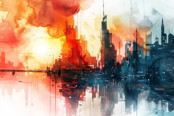 Fototapeta premium The look of an unconventional cityscape is depicted in a Kawaii creative futuristic charismatic watercolor painting