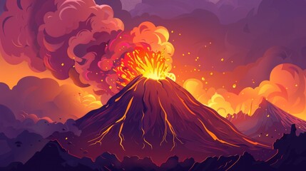 Dynamic Volcano Eruption And Molten Lava With Billowing Smoke, Volcanic Activity For Geological Theme