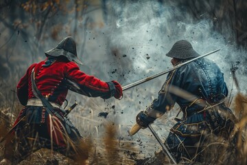 two men dressed in period costumes fighting in a field