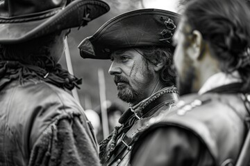 a black and white photo of a man in a pirate costume