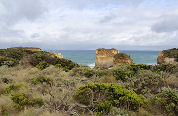 Coastal landscape with dense seaside vegetation and a rock formation at Loch Ard Gorge on the Great...