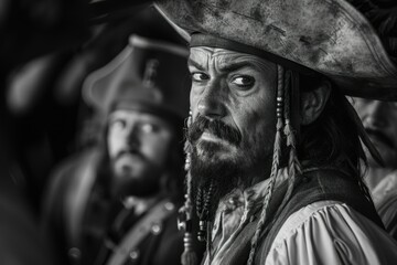 a black and white photo of a man in a pirate costume