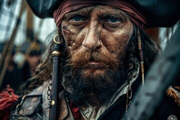 a close up of a person wearing a pirate costume