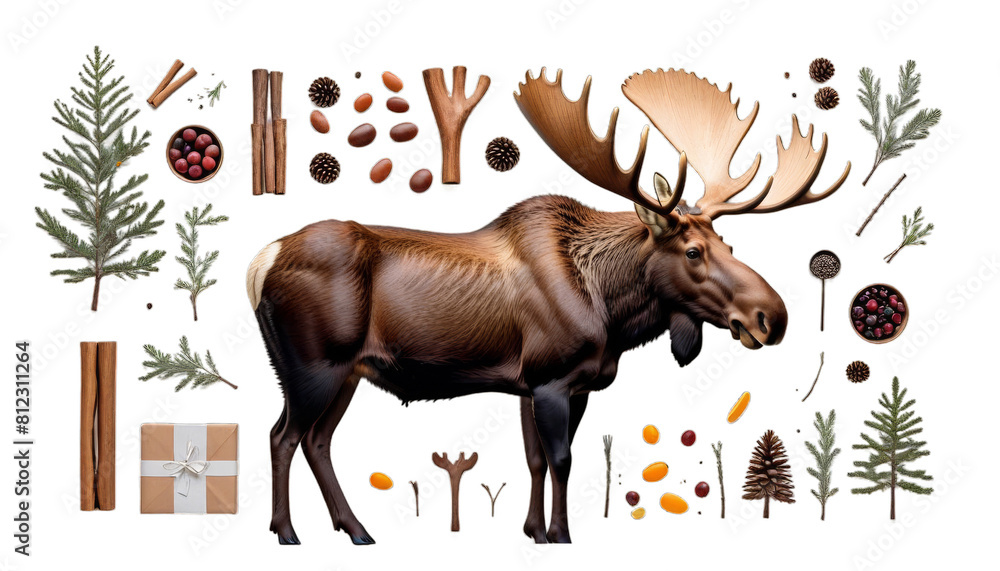 Wall mural animal standing moose white background elk isolated cut-out forest transparent canada europa america nature horn buck portrait closeup wood