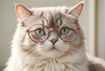 A cute cat wearing glasses, laying on a couch in a warm house. Close up.