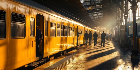 Obraz premium Commuters and a person boarding a golden train bathed in the warm sunrise light at a station