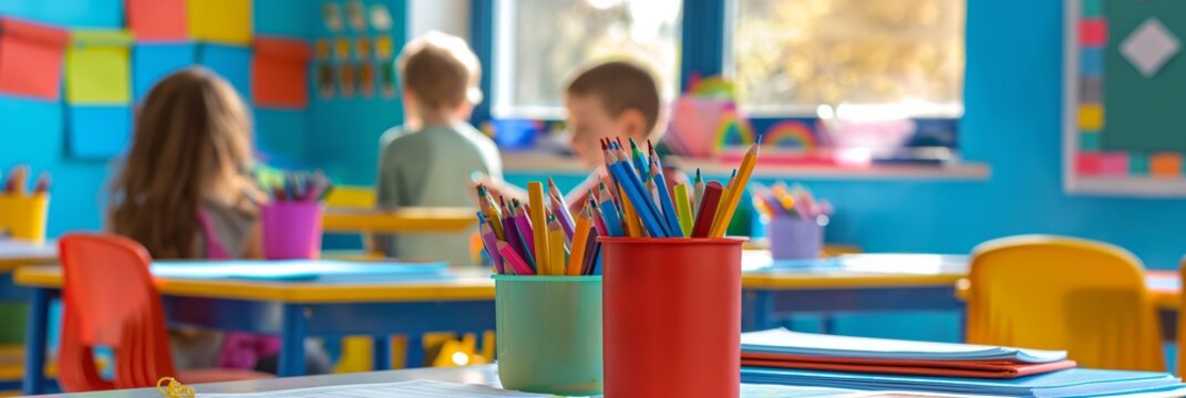 Vibrant, colorful elementary classroom with bright, inviting decor, promoting a stimulating learning environment