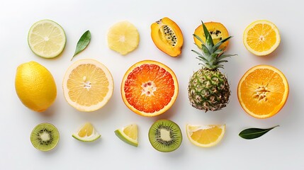 A minimalist composition of tropical fruits on a white background, reminiscent of sunny summer days.