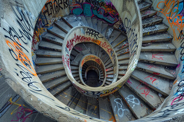 Graffiti-laden spiral concrete staircase in an urban high-rise with bold art.