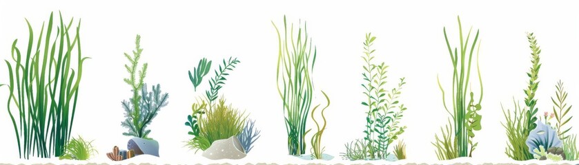 Fototapeta premium Create a set of customizable icons representing various aspects of seagrass ecology and its contributions to climate resilience, suitable for use in educational materials or conservation projects