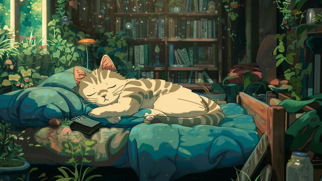 Lofi cat sleeping soundly on bed in cozy house. Relaxing chill vibes with cute kitty, for Background music. animation loop time-lapse.