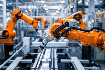 Fototapeta premium A factory with robots in orange and white