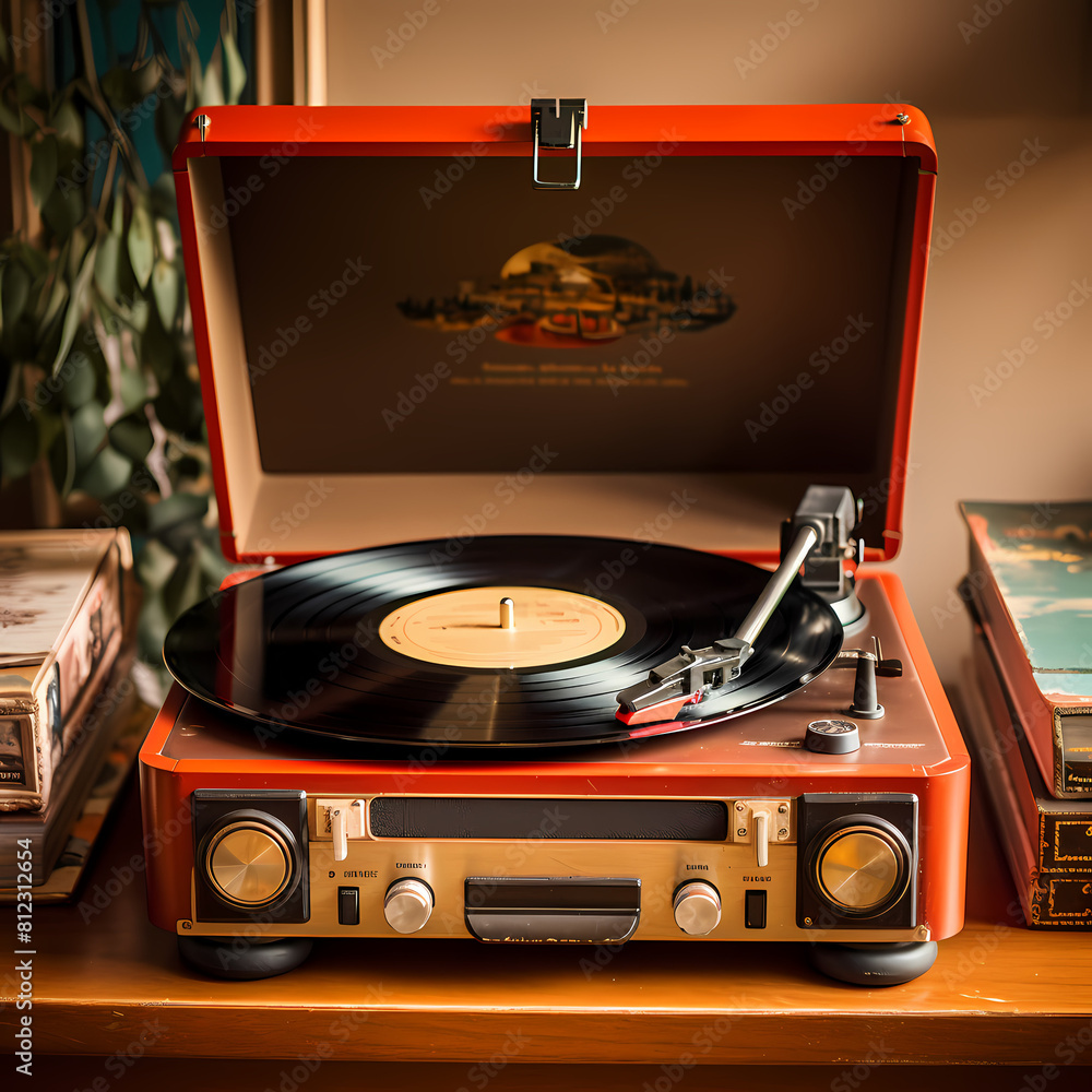 Canvas Prints A vintage record player with vinyl records.