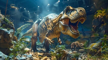 Illustrate a museum exhibit featuring lifelike dinosaur replicas alongside genuine fossils, bringing the ancient creatures to life for visitors