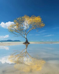 A single tree in shallow beach water makes a striking scene. Its twisted branches and golden leaves contrast sharply with the turquoise ocean and blue sky. The water's smooth surface reflects the tree