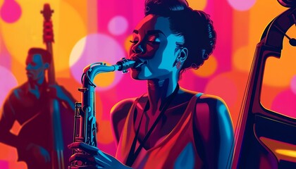 Illustrate a scene of a jazz singer belting out heartfelt lyrics, accompanied by the smooth melodies of a saxophone and the rhythmic pulse of a double bass