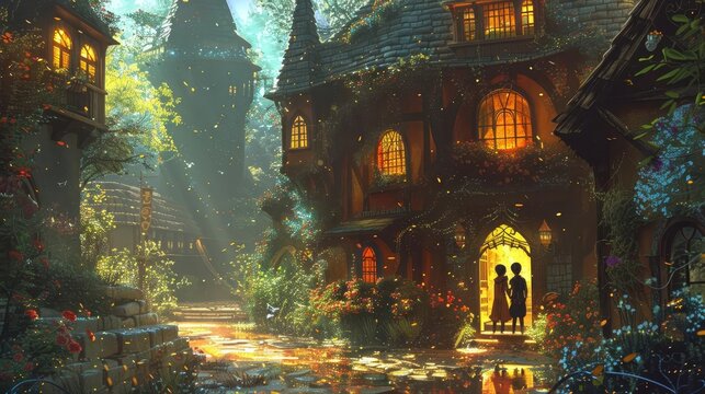 Illustrate a scene from a timeless literary novel, where richly drawn characters embark on a journey of selfdiscovery and transformation