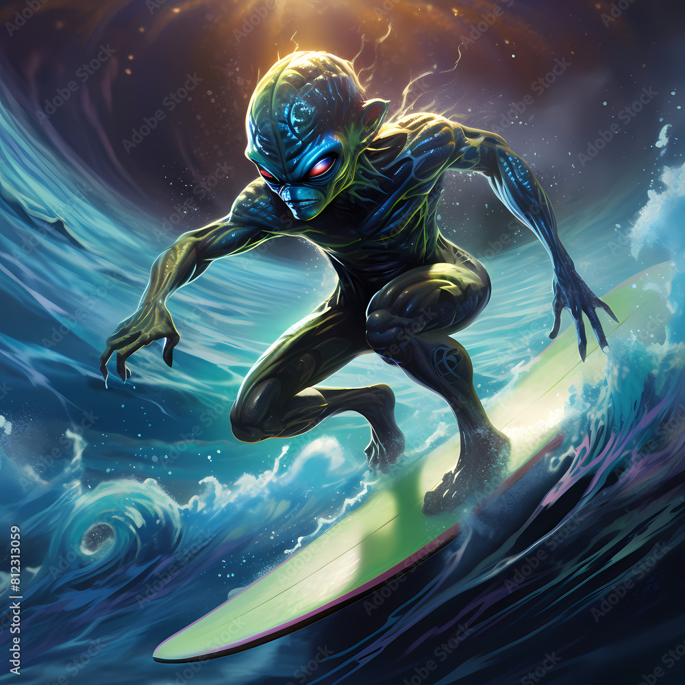 Canvas Prints alien surfing competition on cosmic waves