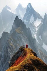 person dressed in red walking along a grassy mountain ridge or saddle. The mountain peaks are rugged and rocky, with snow-capped peaks visible in the distance
