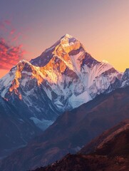  sunset view of a snow-capped mountain. The warm golden light of the setting sun gives it an ethereal glow. Other peaks and valleys are in cool tones, contrasting with the vibrant sunset sky